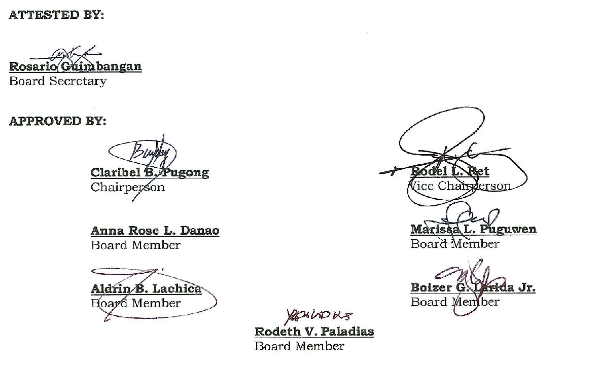 Original policy attestation by the Board Secretary and approval block for the Chairperson, Vice Chairperson, and Board Members, with signatures preserved as scanned.