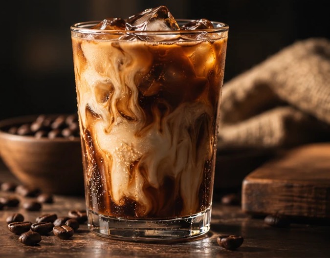 Iced coffee with swirling milk beside a bowl of coffee beans