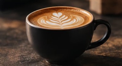 Latte with leaf art in a black cup